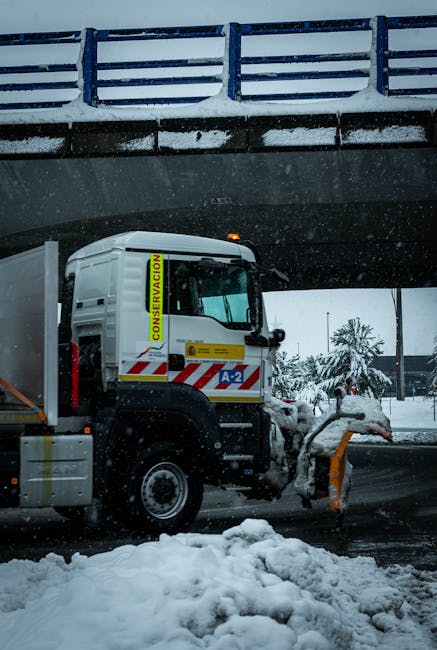 A white snowplough truck with yellow and red warning markings and the word 'Conservación' on the side is positioned under a concrete overpass on a snow-covered road. The vehicle's front-mounted plow is actively clearing snow from the paved surface, with snow piled up in front of it. In the background, snow-covered trees and a cloudy, wintry sky are visible. The scene depicts winter maintenance or clearing operations typical for road safety during heavy snowfall, with the truck engaged in snow removal activities relevant to transport and logistics in cold weather conditions.